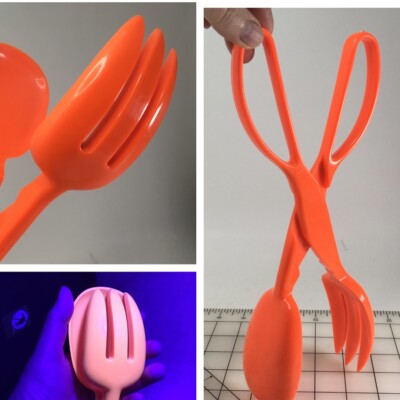 GLOWS Mid Century MCM SALAD TONGS Hard Plastic BRIGHT ORANGE 11”-image
