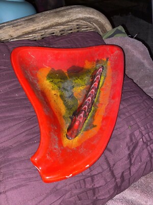Vintage Retro Flame Orange Mid-Century California Pottery USA Abstract Ashtray-image