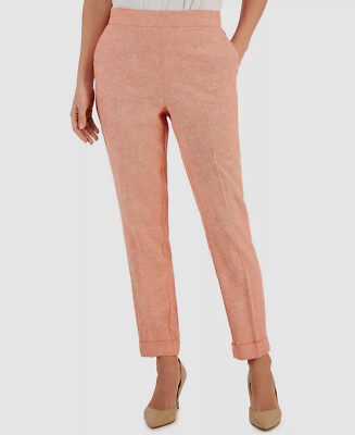 Kasper Women's Orange Linen-Blend Mid-Rise Pull-On Cuffed Pants Size XL-image