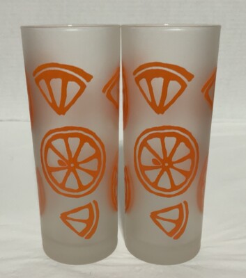Vintage Mid Century Modern Frosted Glass “Orange Slices” Glasses, Set Of 2-image