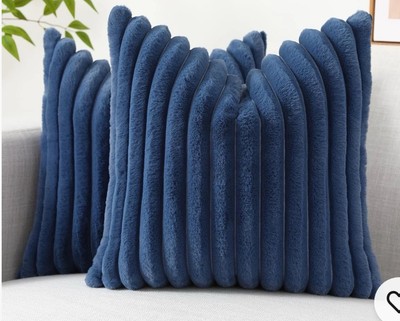Faux Fur Throw Pillow Covers 19 1/2 x 19 1/2” Set of 2 Soft Plush Striped Blue-image