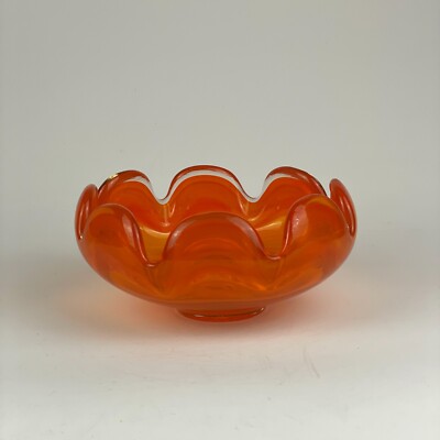 Vintage Handblown Mid-Century Modern Glass Orange Lotus Bowl - 8