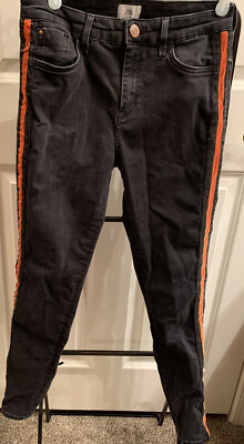 River Island Womens Skinny Stretch Mid Rise Black Jeans Orange Stripe Sz UK 12-image