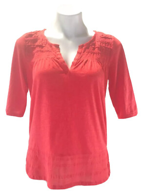 Lucky Brand Live in Love Womens Size M Orange Embroidered Mid Sleeve Top Blouse-image