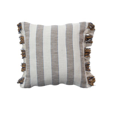 , Grey Stripe Cotton Pillow with Fringe-image