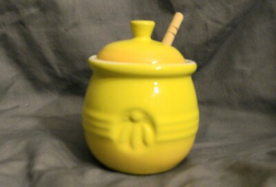 Yellow Creative Co-op Honey Pot w/Wooden Dipper Lid Stoneware-image
