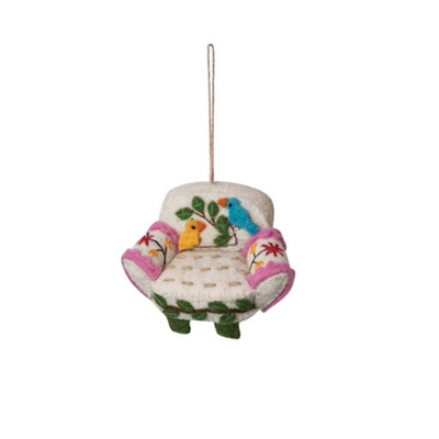 Creative Co-op White Sofa with Birds Wool Felt Ornament Bauble-image