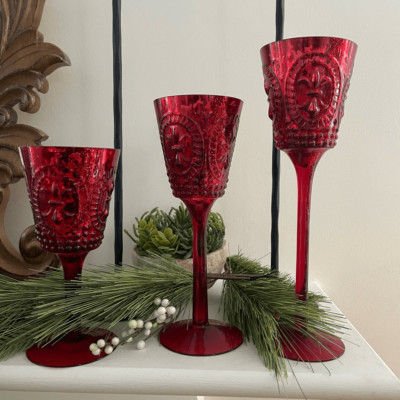 3 Creattive Co-Op Metallic Red Foil Mercury Glass Chalice Candle Holders in Box-image
