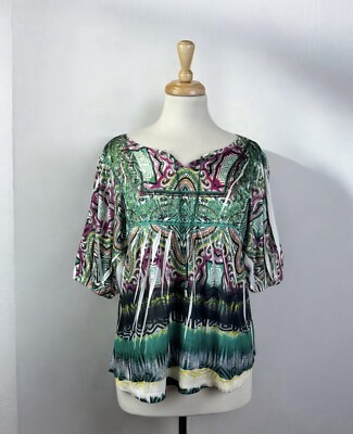 Style & Co PETITE Tunic Top Colorful Embellished Size PL Boho Art To Wear Artsy-image