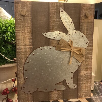 Creative Co-Op~Wood Plaque w/Galvanized Bunny/Rabbit~13 3/8”H x 10.5”W~NEW w/Tag-image