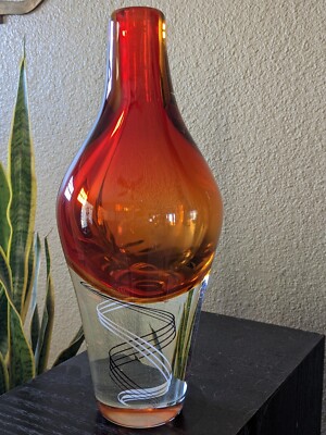 Mid Century inspired Art Glass Heavy Vase Orange DNA Swirl  12.5