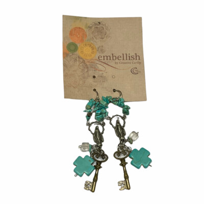 Turquoise Color Dangle Earrings Religious Cross Madonna Embellish Creative Co-op-image