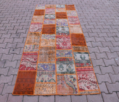 Orange Handwoven Carpet Anatolian Ethnic Vintage Wool Patchwork Large Rug 4x9ft-image