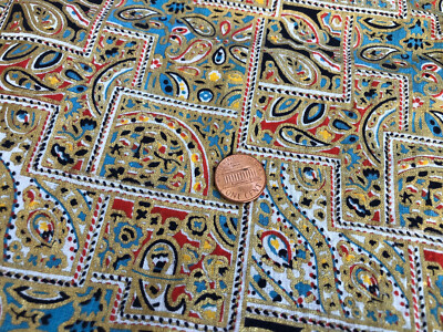 Vtg Mid Century Cotton Fabric Gold Turquoise Orange Geometric Paisley 2.75 yds-image