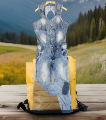 JOSS STAR DISTRESSED HALTER ACID WASH 1PC JUMPSUIT EMBELLISHED BUTTONS SIZE 18-image