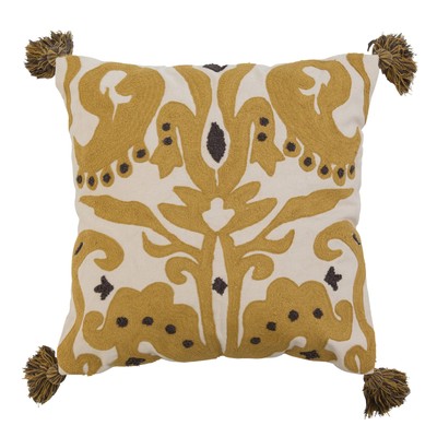 Cotton Pillow Cover with Embroidery and Tassels, Cream and Mustard-image