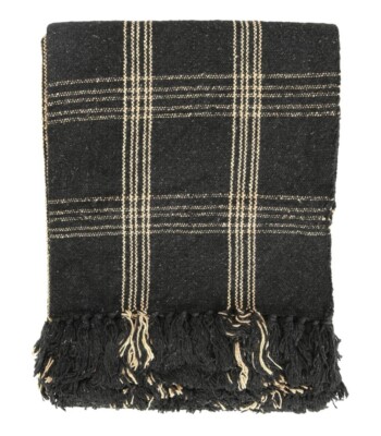 Creative Co-Op Plaid Black & Tan Fringed Woven Cotton Blend Throw 60 inch x50-image