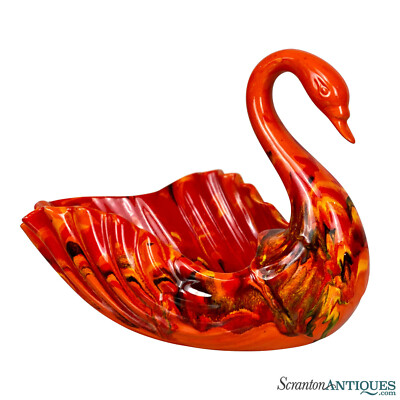 Mid-Century Modern Orange Drip Glaze Pottery Swan Centerpiece Bowl-image