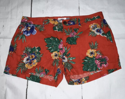 Old Navy Shorts Women’s Size 6 Floral Mid Rise Red Orange Linen Blend-image