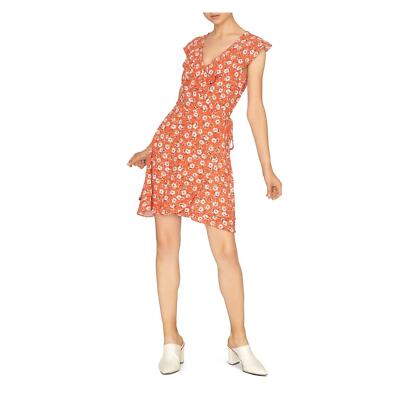 SANCTUARY Womens Orange Ruffled Side Tie Floral Cap Sleeve V Neck Wrap Dress M-image