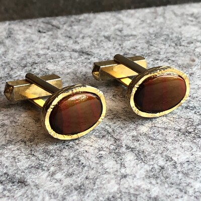 Cuff Links Mid-Century Modern Gold & Orange Banded Oval Gold-Tone Vintage Men's-image