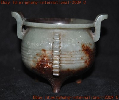 China Hetian jade Carved Buddhism temple Joss Incense burner Censer statue-image