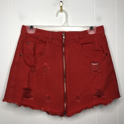 En Creme Distressed Zip-Up Denim Skirt Women's Size Medium Orange Raw Hem Cotton-image
