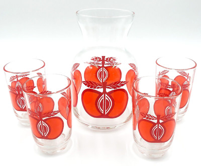 Vintage Mid Century Modern Set Of Orange & Red 5 Small Glasses & Caraffe 1960's-image