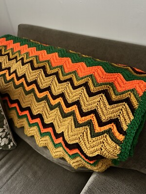 Vintage Mid Century Afghan. Harvest Yellow Orange Brown In Great Condition -image