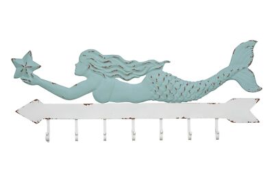 Creative Co-Op Aqua & White Metal Mermaid Wall Décor with 7 Hooks, 16 Inch -image