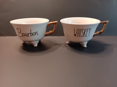 Creative Co-op Stoneware Bourbon/Whiskey 3 Footed W/Gold Handle Tea Cup se of 2-image