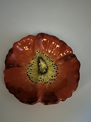 California Pottery Red Orange Yellow Poppy Divided Trinket Dip Dish Bowl-image