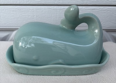 Creative Co-op Stoneware Whale Shaped Butter Dish With Lid Aqua Blue MINT-image