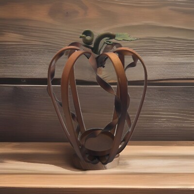 Vintage Metal Pumpkin Tea Light Candle Holder Bronze Orange/green/ Brown Leaf-image