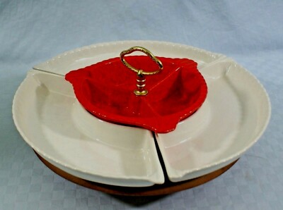 Vtg. California Pottery Lazy Susan Orange & White L65 - Mid-Century Retro 5 pcs-image