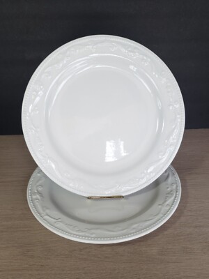 White Embossed Dot & Scrolls  by Mesa International DINNER PLATES   MINT!-image