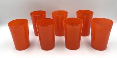 7 Hazel Atlas PLATONITE ORANGE 6oz Small Juicer Glasses Tumblers Mid Century-image