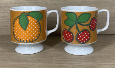 2 Cherry Orange Applique Pedestal Stacking Cup Mug Japan Patchwork Mid Century-image