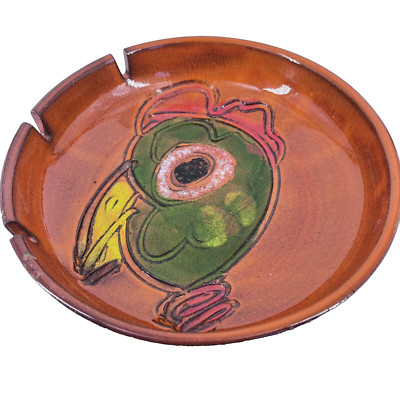Italian Art Pottery Ashtray Bowl Earthenware Sagrafitto Etched Bird Mid Century-image