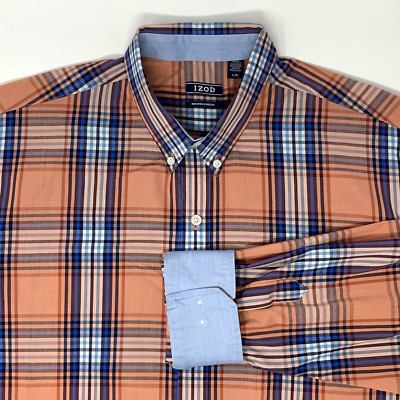 IZOD Orange & Blue Plaid Stretch Long Sleeve Button Up Men's Shirt Size Large-image