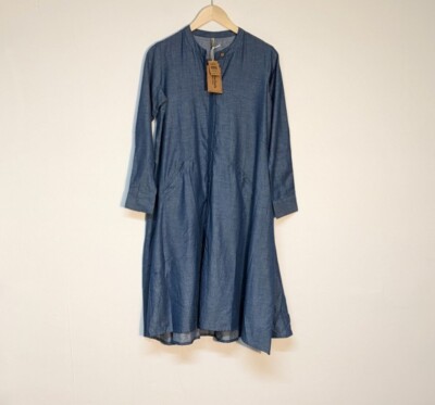 Embellish By Creative Co-Op Blue Chambray Long Sleeve A-Line Midi Dress, Small-image