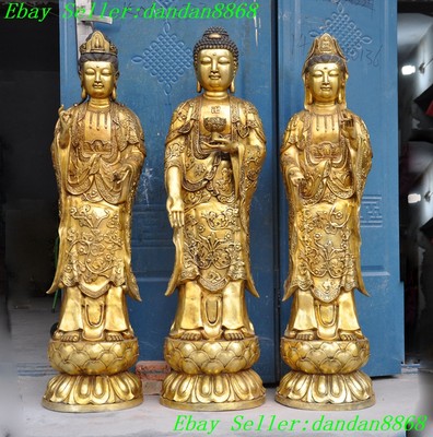 Old Tibet buddhism bronze gilt West 3 buddha Plants Sakyamuni Guanyin lotus joss-image