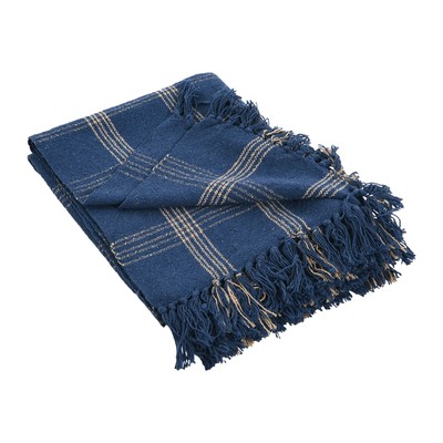 Creative Co-Op Recycled Cotton Blend Throw Blanket with Fringe Blue Plaid-image