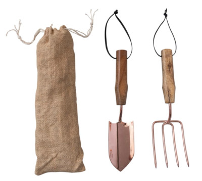 NEW! GOLD Garden Tools with Mango Wood Handles CREATIVE COOP STAINLESS STEEL-image