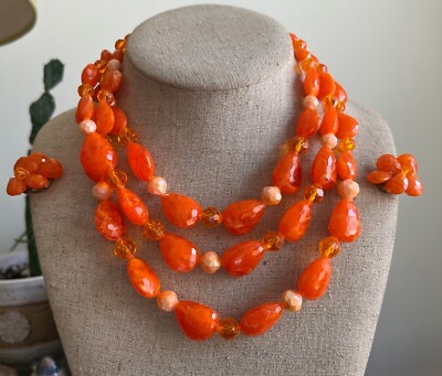 Vintage Mid Century West German Orange Bead Multi Strand Necklace & Earrings-image