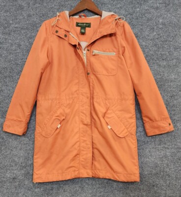 Eddie Bauer Orange Hooded Long Jacket Sz S  Full Zip Long Sleeve-image
