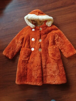 True Vintage Mid-century 1960s 1970s Child's Fur Coat Orange Mod White Trim Hood-image