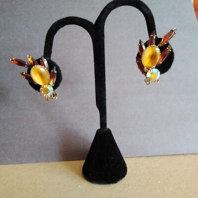 Vintage Signed Celebrity Mid-Century Clips Amber Brown AB Crystal-image