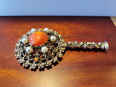 Vintage Mid 20thC Faux Pearls & Orange Cabochon Stones Gold Tone Hand Mirror-image
