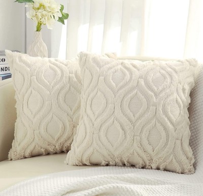 Throw Pillow Covers 18X18 Inch Set Of 2/Soft Plush Faux Wool Beige Pillowcases-image